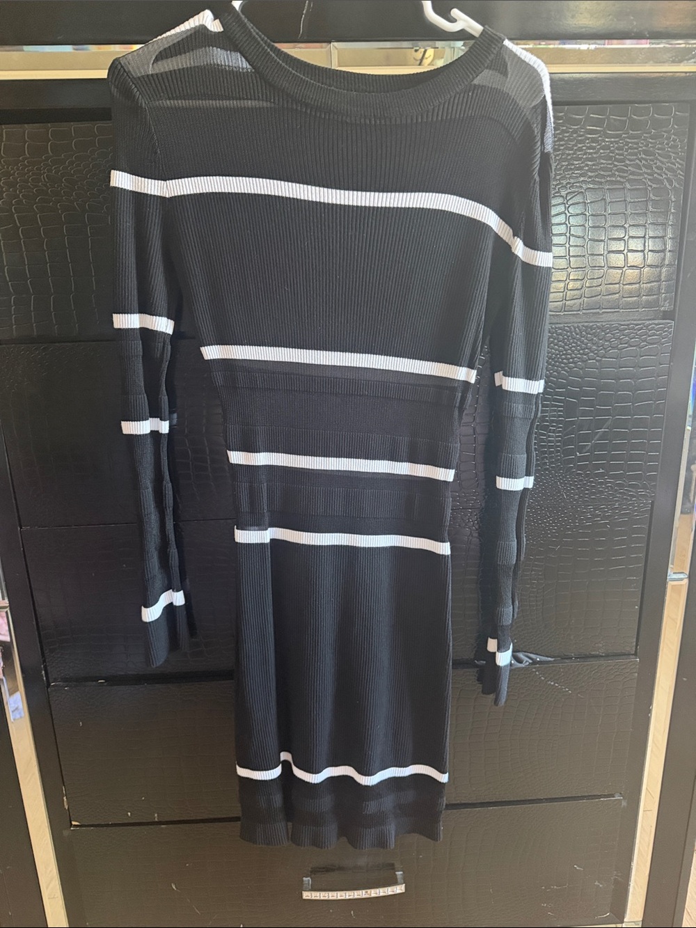 Black Ribbed Knit Long Sleeve Dress with White Stripes